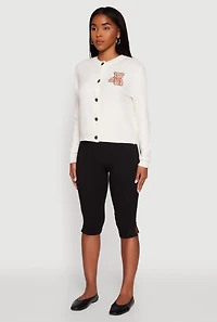 Embroidered Teddy Button Front Long Sleeve Cardigan