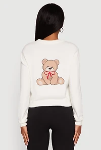 Womens Embroidered Teddy Button Front Long Sleeve Cardigan, White, Size XL