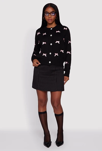 Womens Button Front Long Sleeve Cardigan with Bows, Black, Size XL