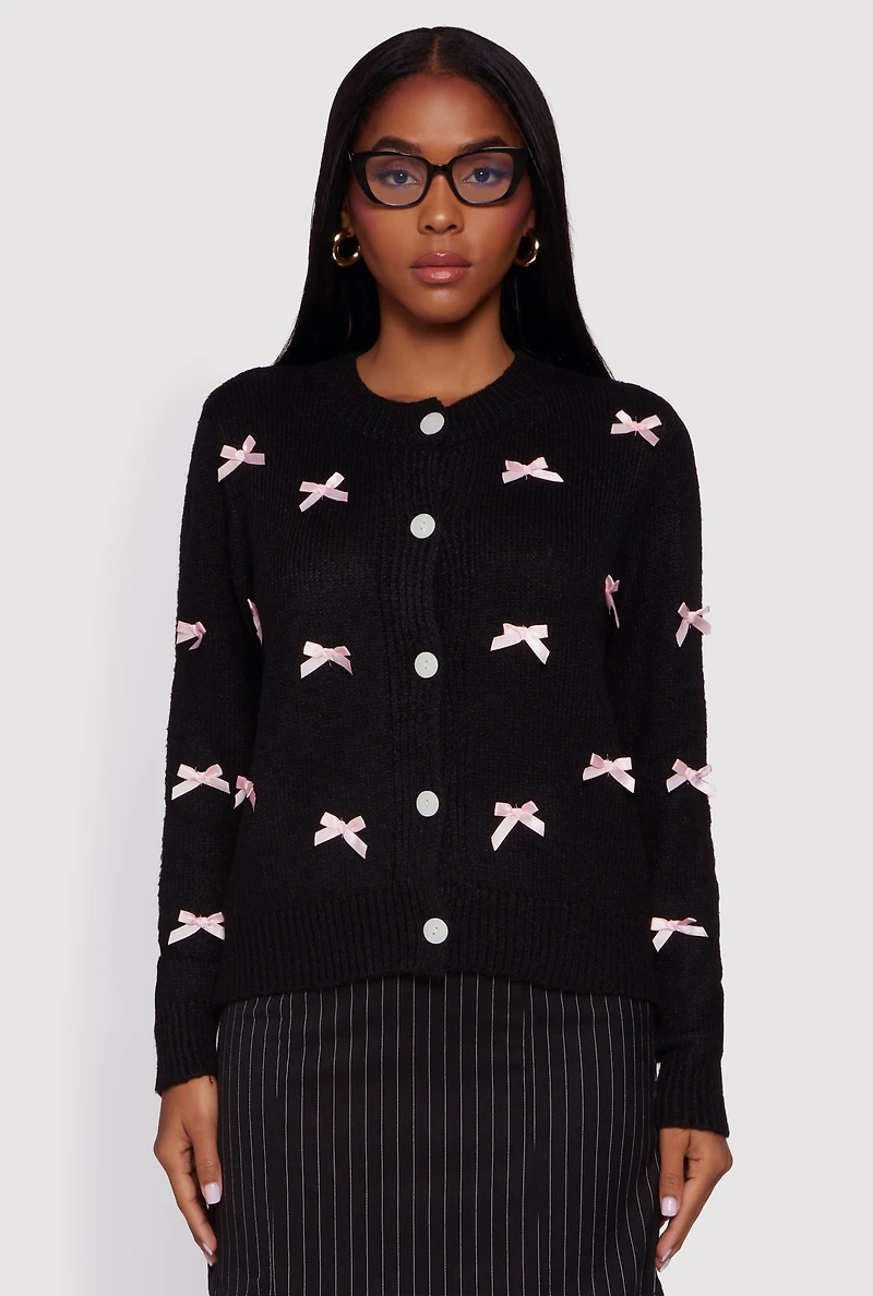 Womens Button Front Long Sleeve Cardigan with Bows, Black, Size L