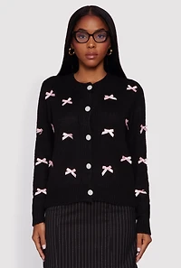 Womens Button Front Long Sleeve Cardigan with Bows, Black, Size L