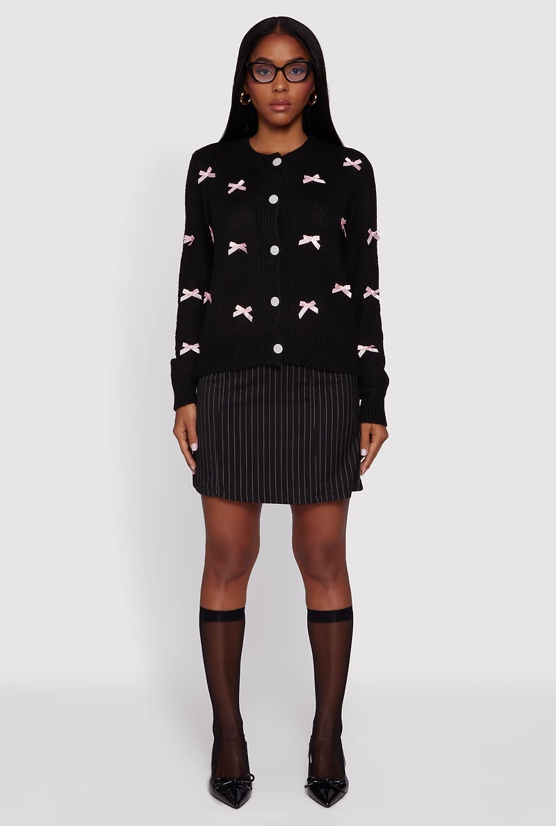 Womens Button Front Long Sleeve Cardigan with Bows, Black, Size L