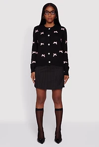 Womens Button Front Long Sleeve Cardigan with Bows, Black, Size L