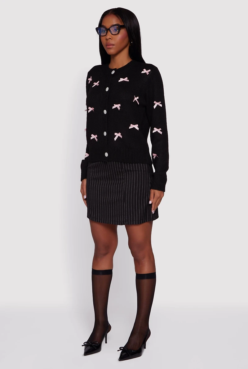 Womens Button Front Long Sleeve Cardigan with Bows, Black, Size L