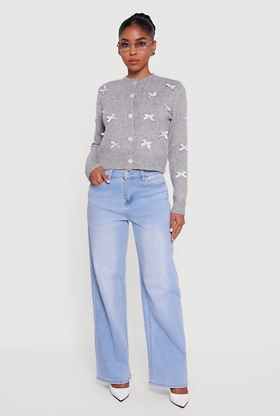 Button Front Long Sleeve Cardigan with Bows