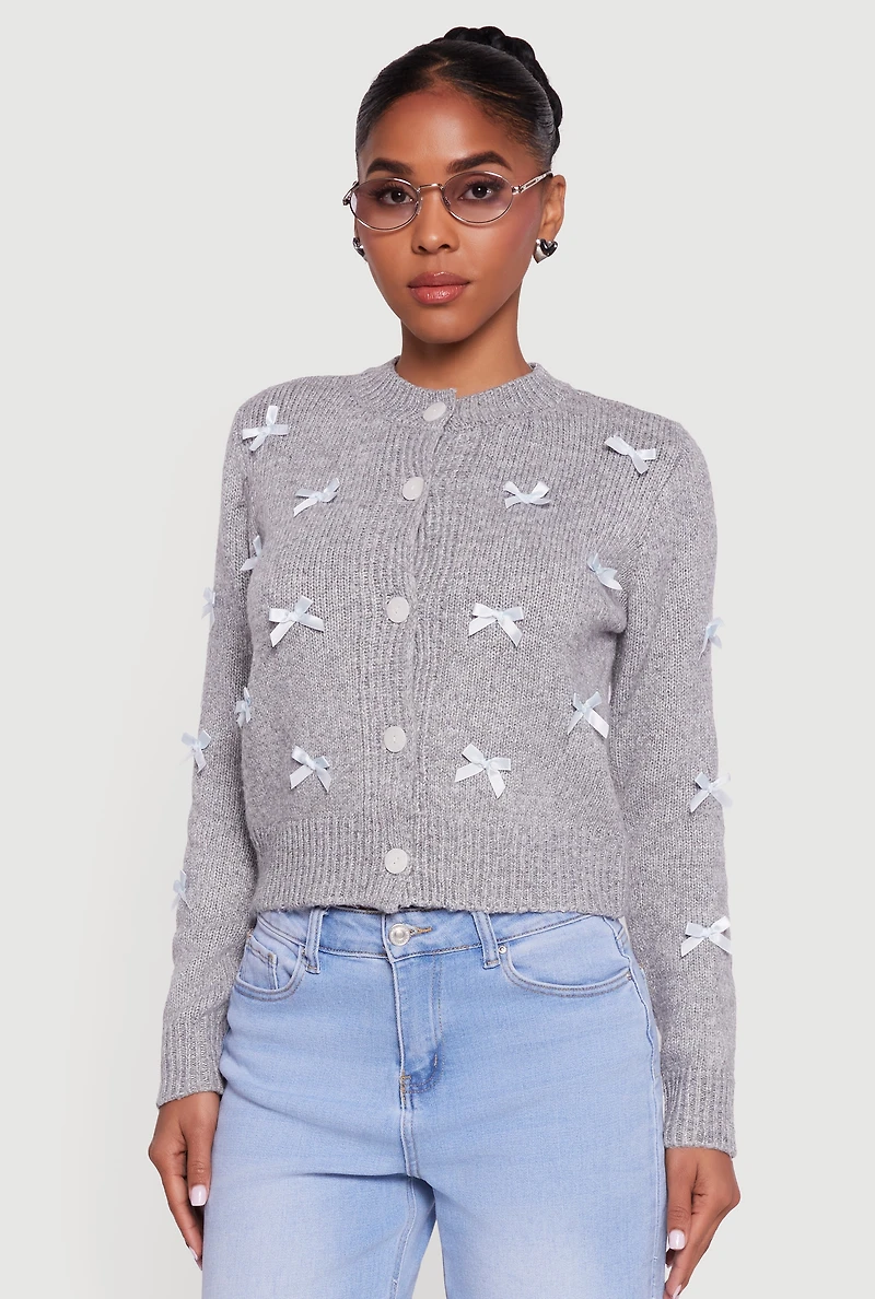 Button Front Long Sleeve Cardigan with Bows