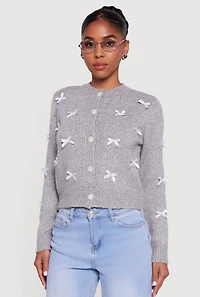 Button Front Long Sleeve Cardigan with Bows