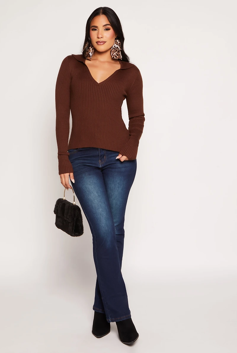 Ribbed Knit Johnny Collar Sweater