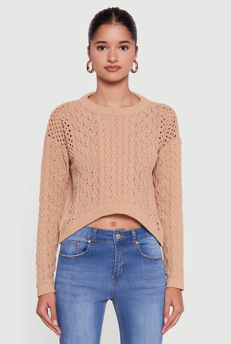 Womens Open Stitch Cropped Pullover Sweater,