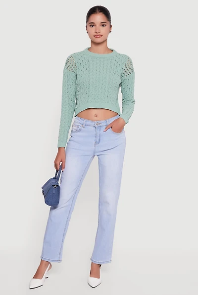 Womens Open Stitch Cropped Pullover Sweater,