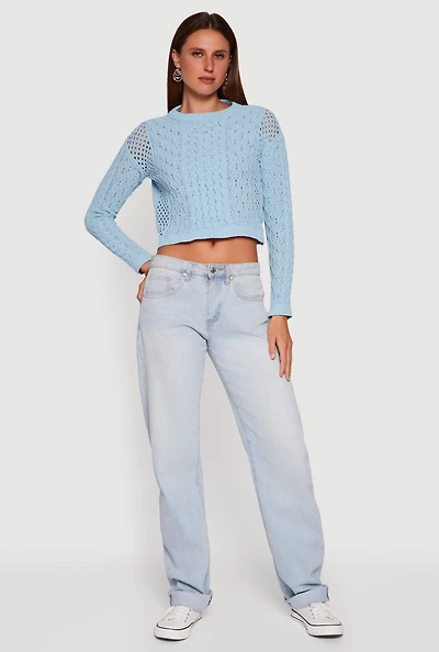 Womens Open Stitch Cropped Pullover Sweater, Blue, Size S