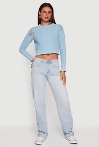 Womens Open Stitch Cropped Pullover Sweater, Blue, Size S