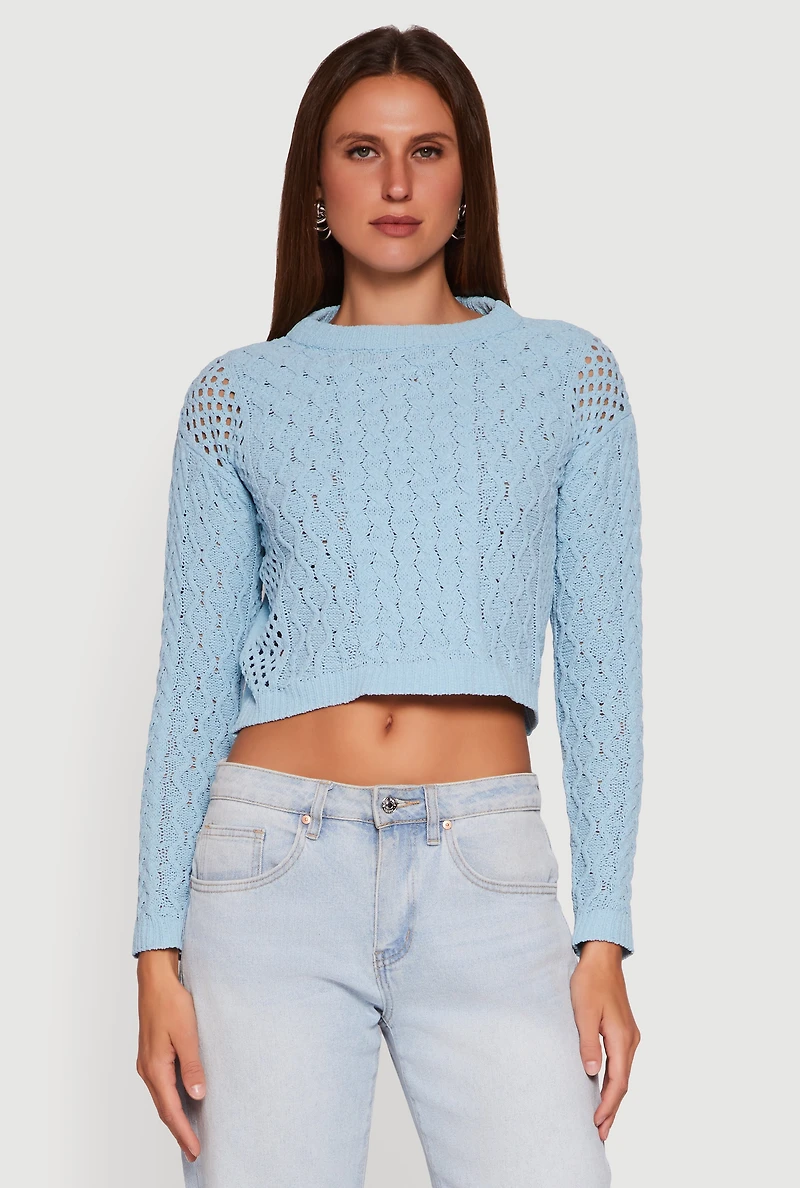Womens Open Stitch Cropped Pullover Sweater, Blue, Size S
