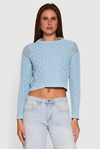 Womens Open Stitch Cropped Pullover Sweater, Blue, Size S