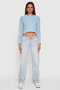 Womens Open Stitch Cropped Pullover Sweater, Blue, Size S