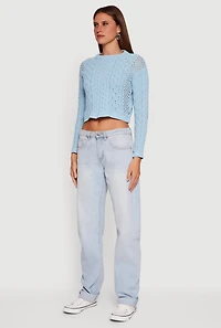 Womens Open Stitch Cropped Pullover Sweater, Blue, Size S