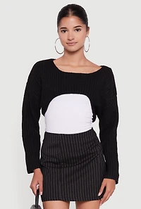 Womens Brushed Rib Knit Boat Neck Shrug, Black, Size S