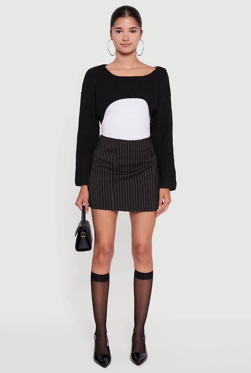 Womens Brushed Rib Knit Boat Neck Shrug, Black, Size S