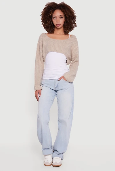 Womens Brushed Rib Knit Boat Neck Shrug,