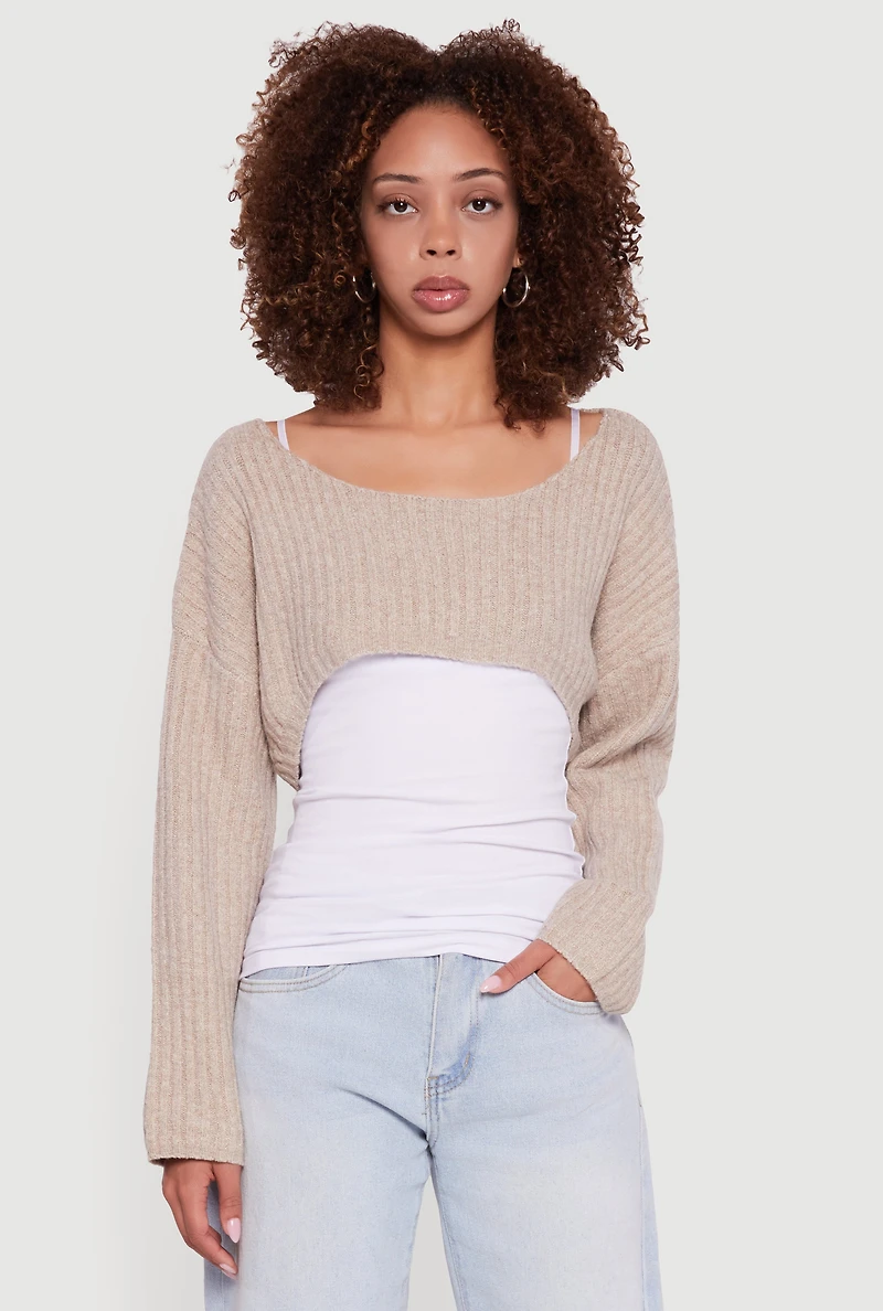 Womens Brushed Rib Knit Boat Neck Shrug,