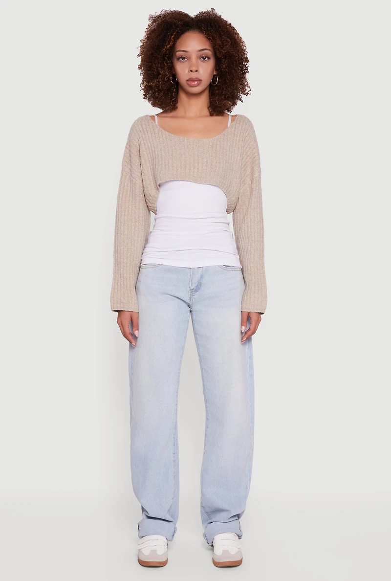 Womens Brushed Rib Knit Boat Neck Shrug,