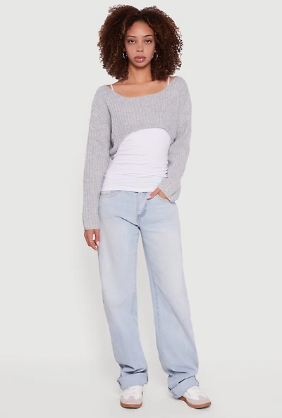 Womens Brushed Rib Knit Boat Neck Shrug, Grey, Size S