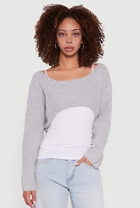 Womens Brushed Rib Knit Boat Neck Shrug, Grey, Size S