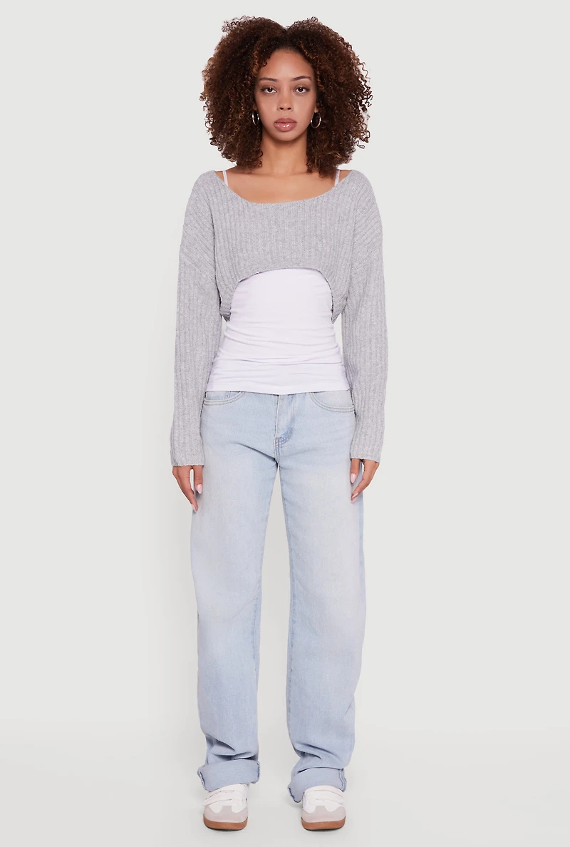 Womens Brushed Rib Knit Boat Neck Shrug, Grey, Size S