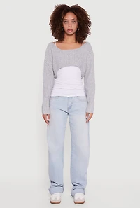 Womens Brushed Rib Knit Boat Neck Shrug, Grey, Size S