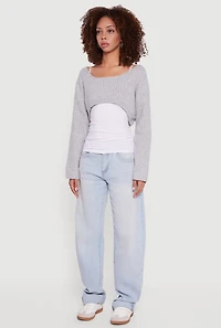 Womens Brushed Rib Knit Boat Neck Shrug, Grey, Size S