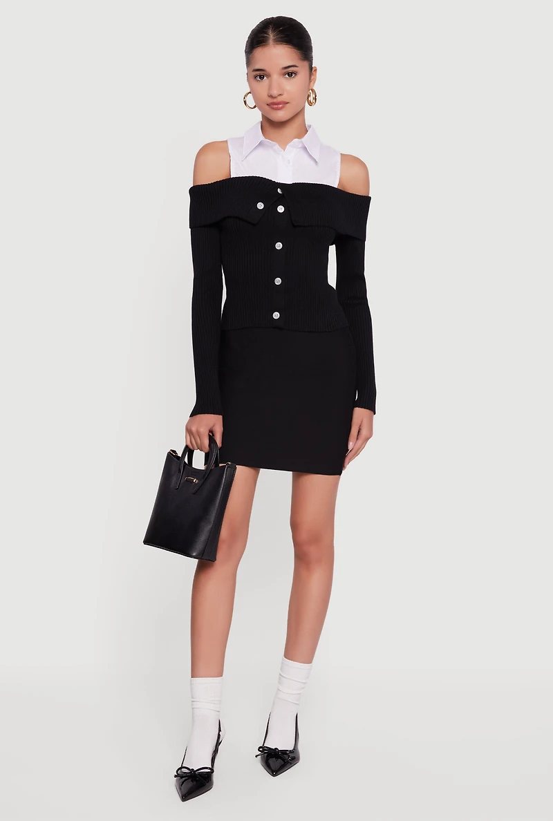 Cold Shoulder Fold Over Layered Look Sweater