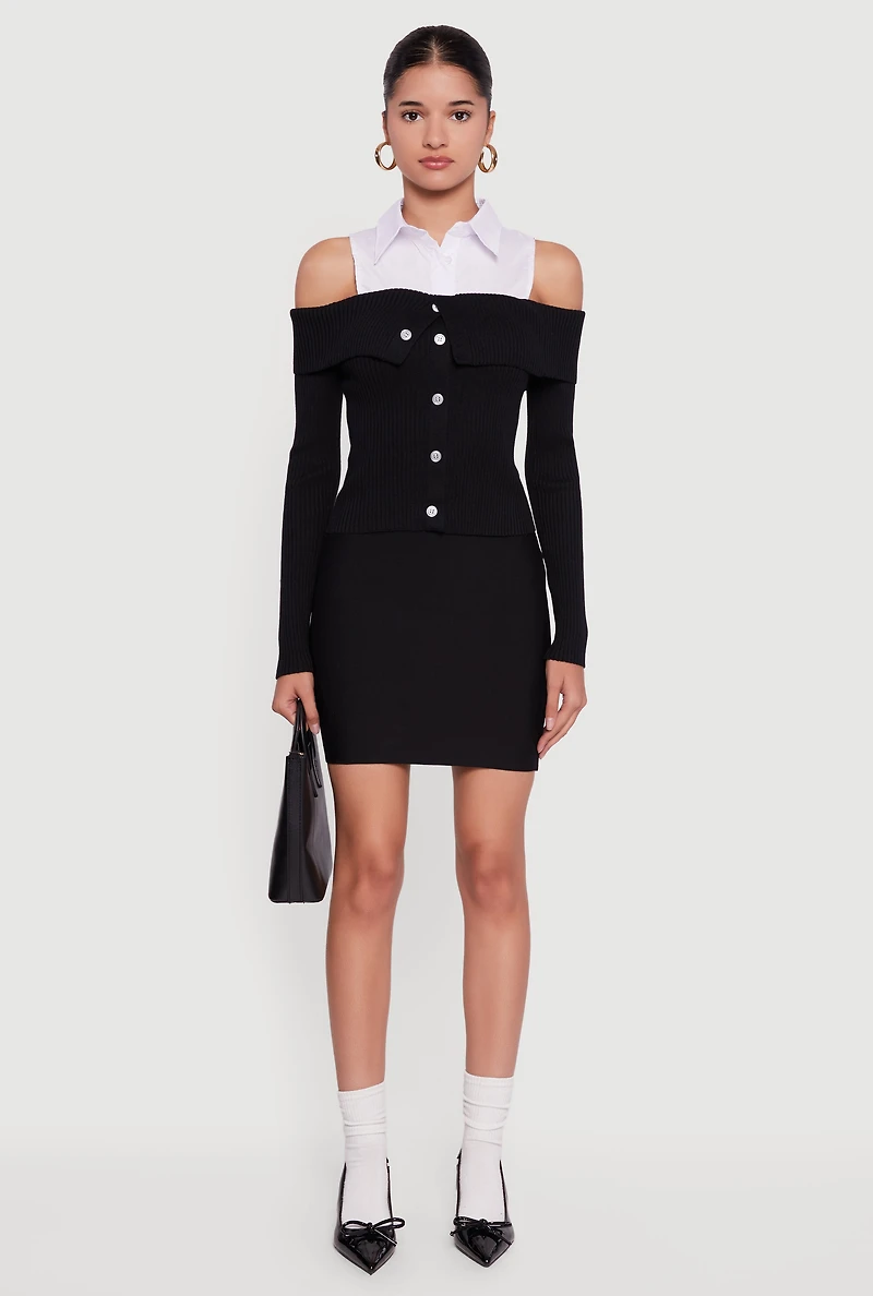 Womens Cold Shoulder Fold Over Layered Look Sweater, Black, Size M