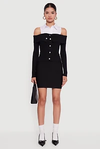 Womens Cold Shoulder Fold Over Layered Look Sweater, Black, Size M