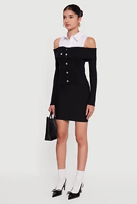 Womens Cold Shoulder Fold Over Layered Look Sweater, Black, Size M