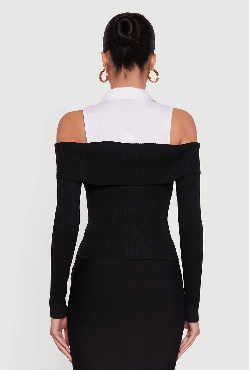 Womens Cold Shoulder Fold Over Layered Look Sweater, Black, Size M