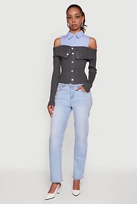 Womens Cold Shoulder Fold Over Layered Look Sweater, Grey, Size S