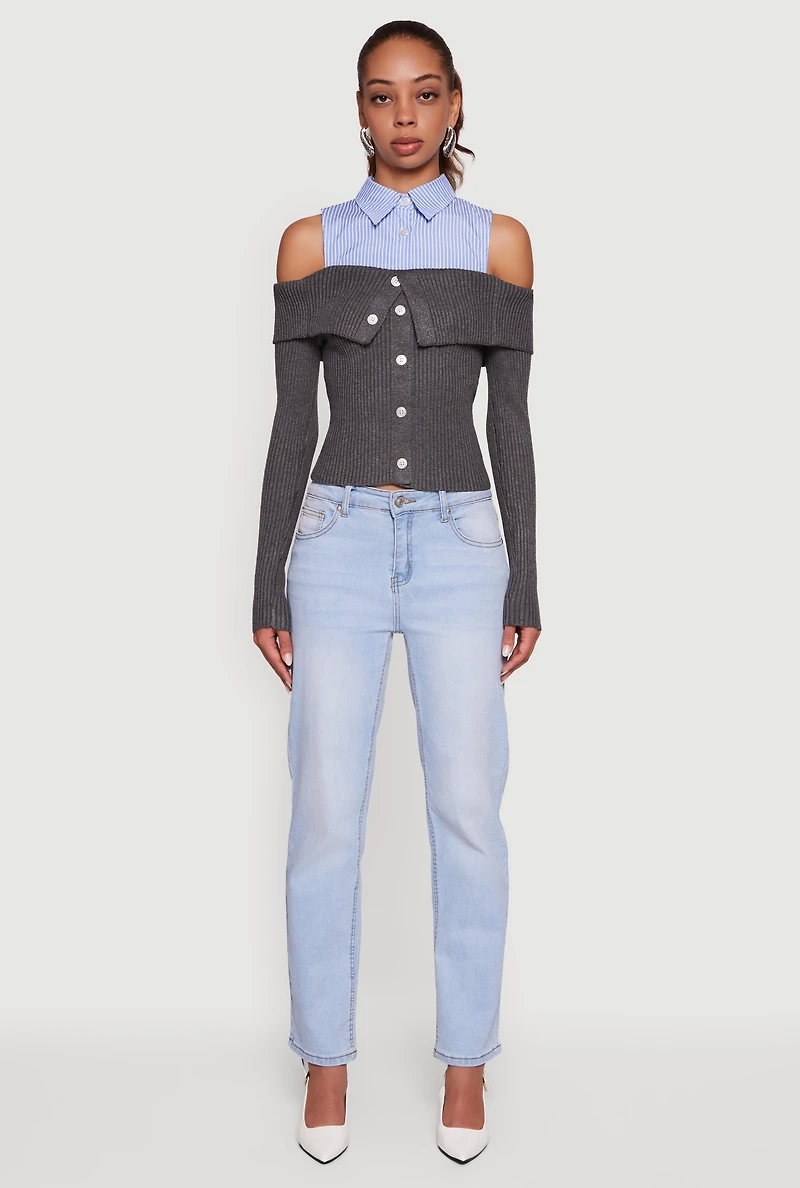 Womens Cold Shoulder Fold Over Layered Look Sweater, Grey, Size S