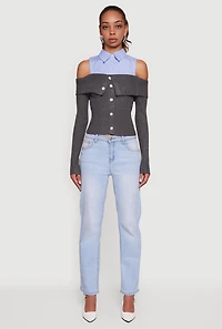 Womens Cold Shoulder Fold Over Layered Look Sweater, Grey, Size S