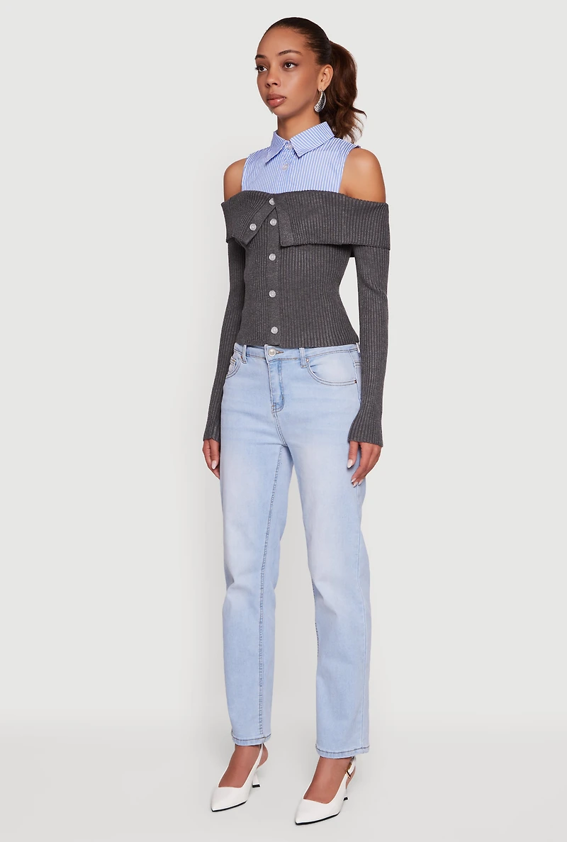 Womens Cold Shoulder Fold Over Layered Look Sweater, Grey, Size S