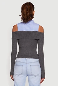 Womens Cold Shoulder Fold Over Layered Look Sweater, Grey, Size S