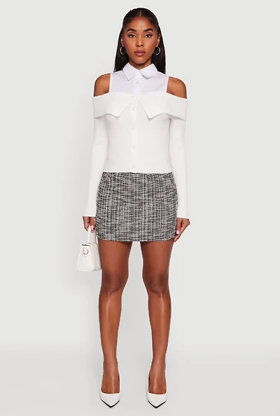 Cold Shoulder Fold Over Layered Look Sweater