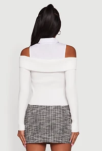 Cold Shoulder Fold Over Layered Look Sweater