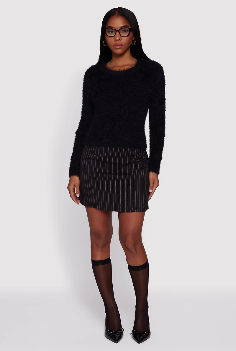 Rose Applique Long Sleeve Eyelash Knit Sweater