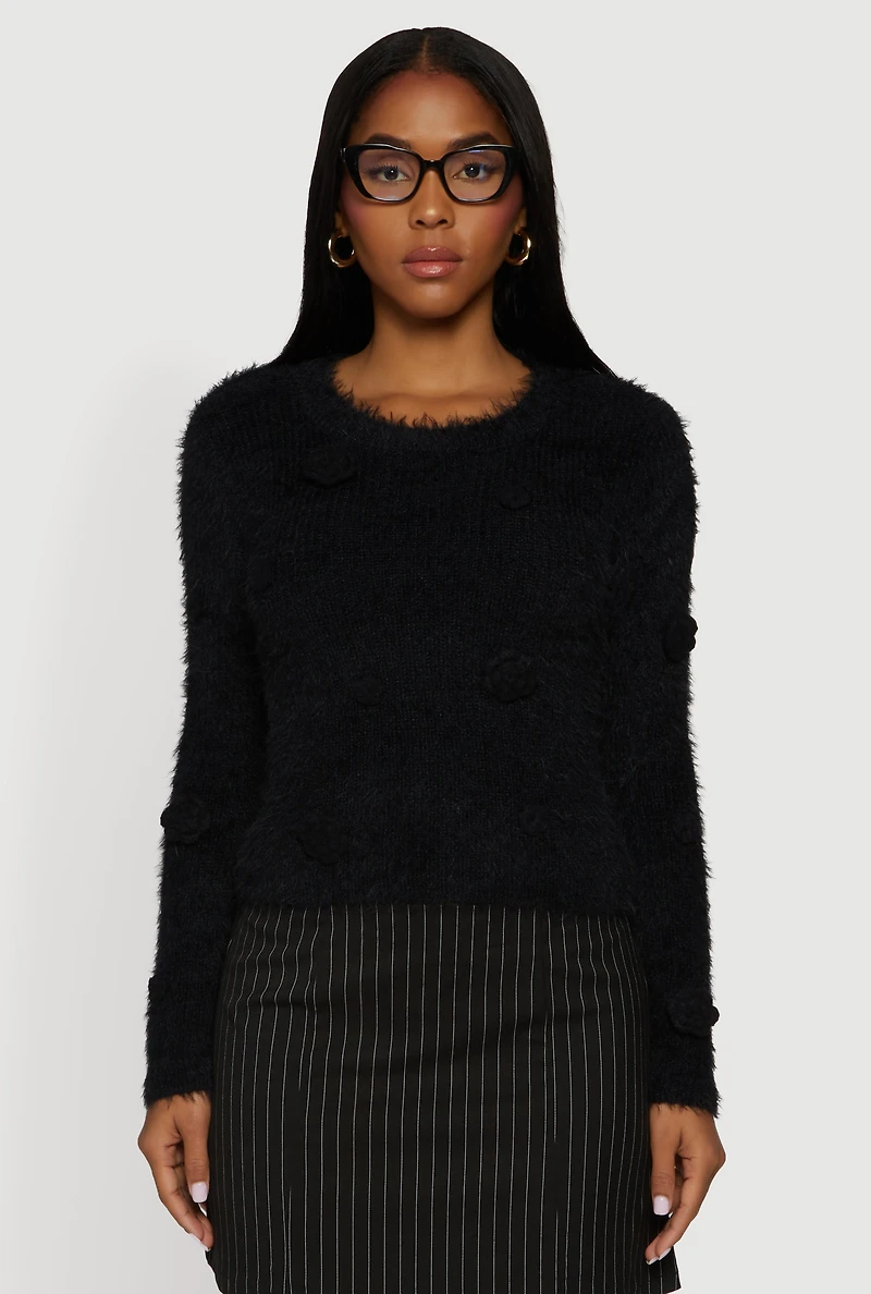 Rose Applique Long Sleeve Eyelash Knit Sweater