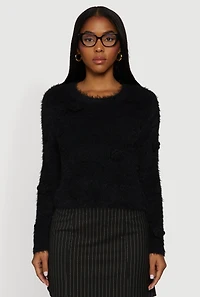 Rose Applique Long Sleeve Eyelash Knit Sweater