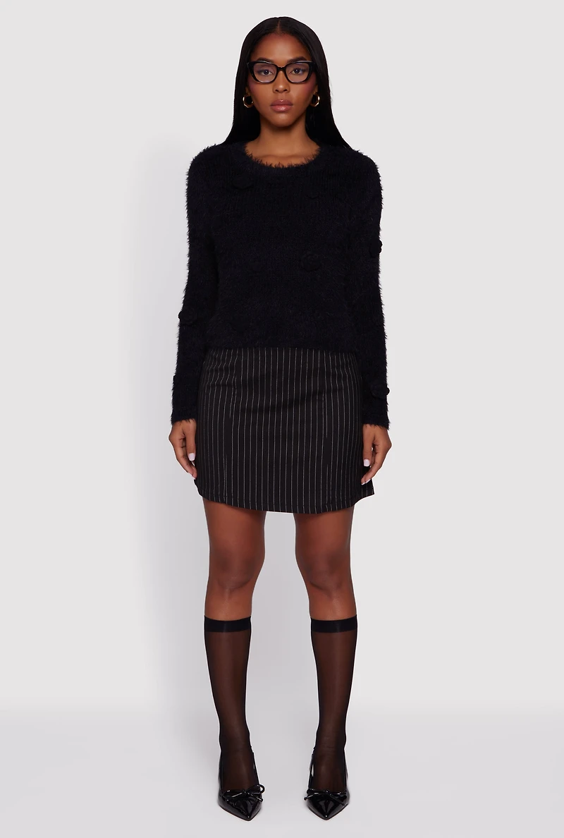 Rose Applique Long Sleeve Eyelash Knit Sweater