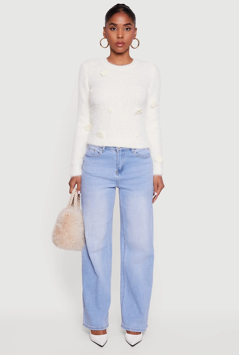 Rose Applique Long Sleeve Eyelash Knit Sweater