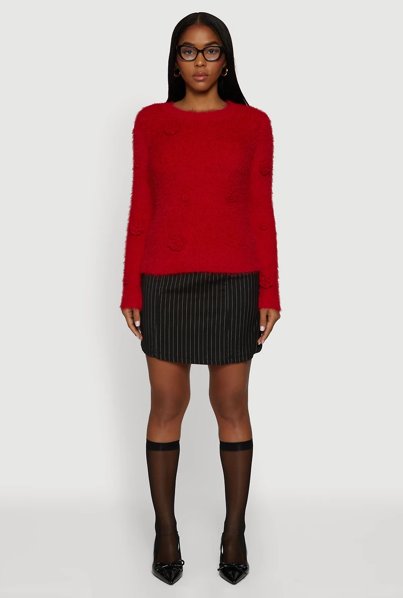 Rose Applique Long Sleeve Eyelash Knit Sweater