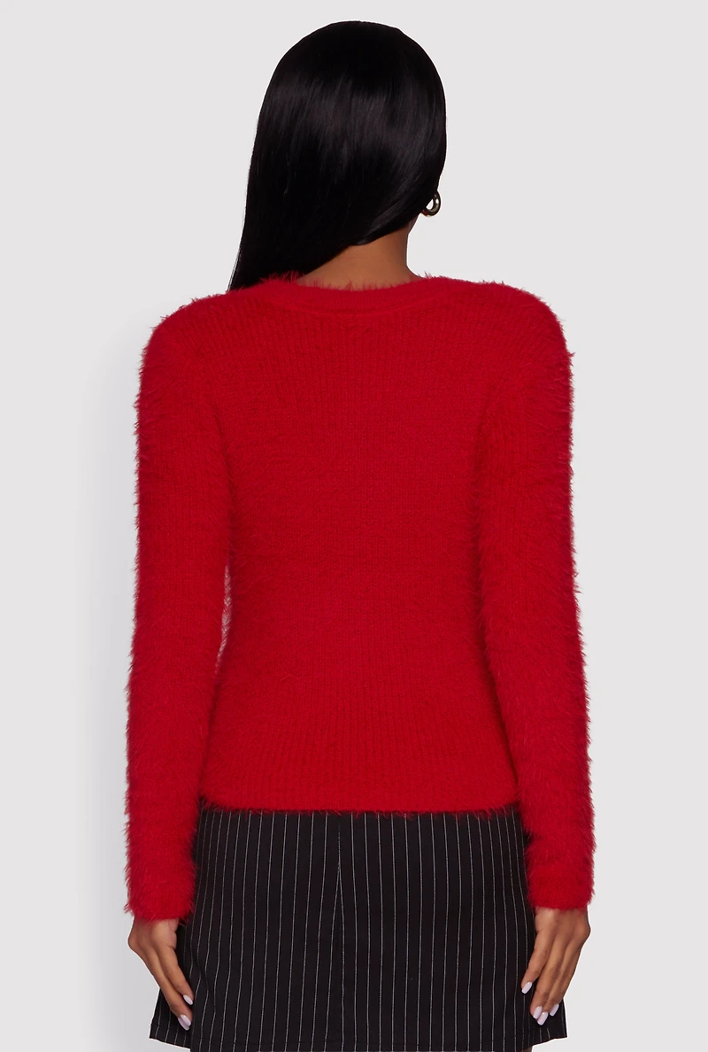 Rose Applique Long Sleeve Eyelash Knit Sweater