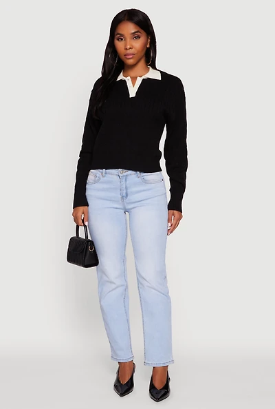 Womens Cable Knit Polo Sweater with Contrast Trim,